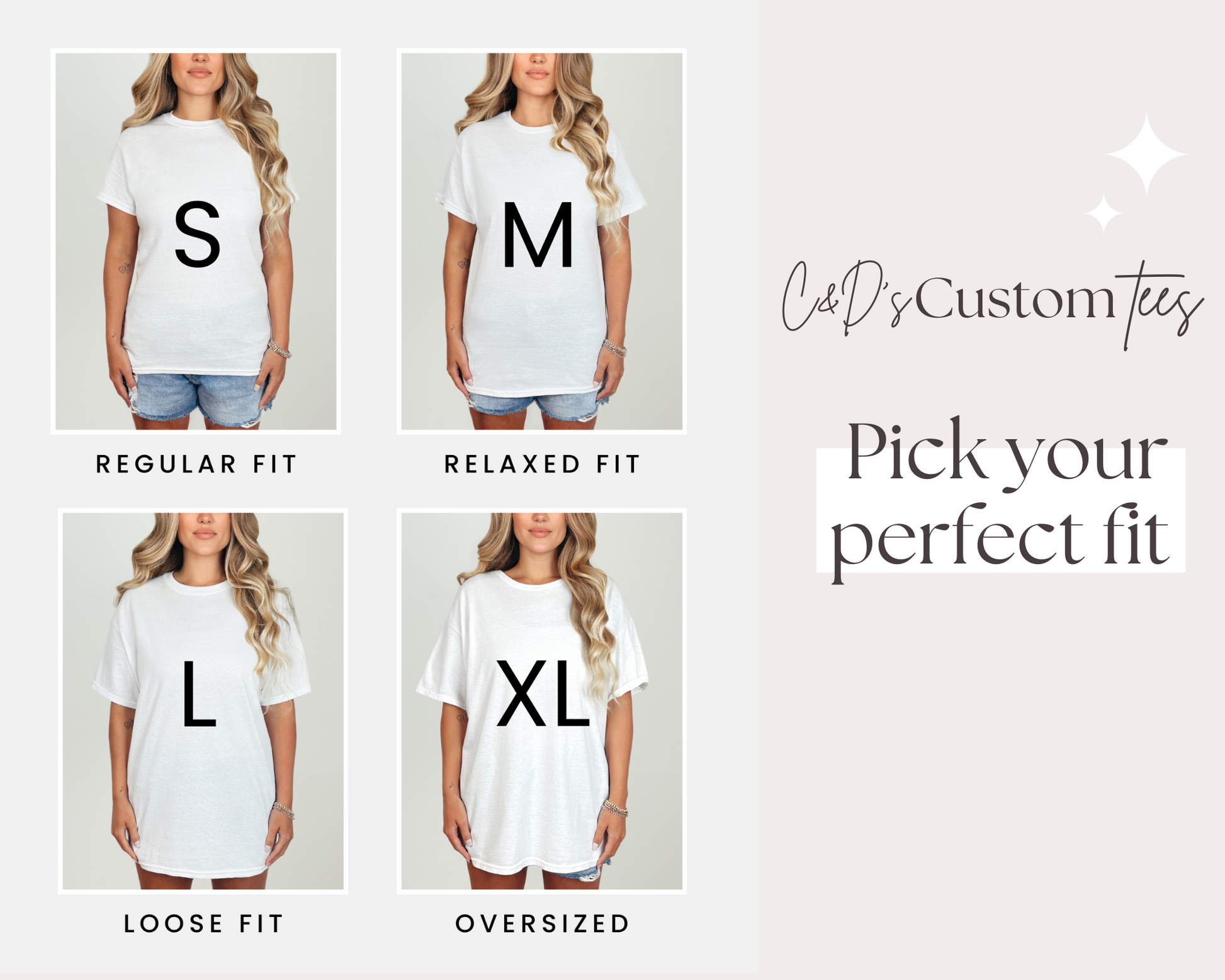 a woman wearing a white t - shirt with the words, pick your perfect fit