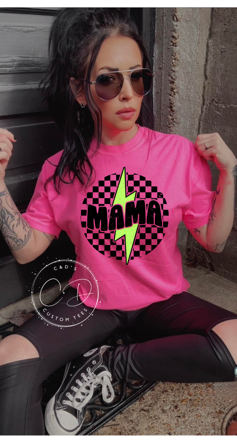 Neon Green Checkered Mama Comfort Color Tee