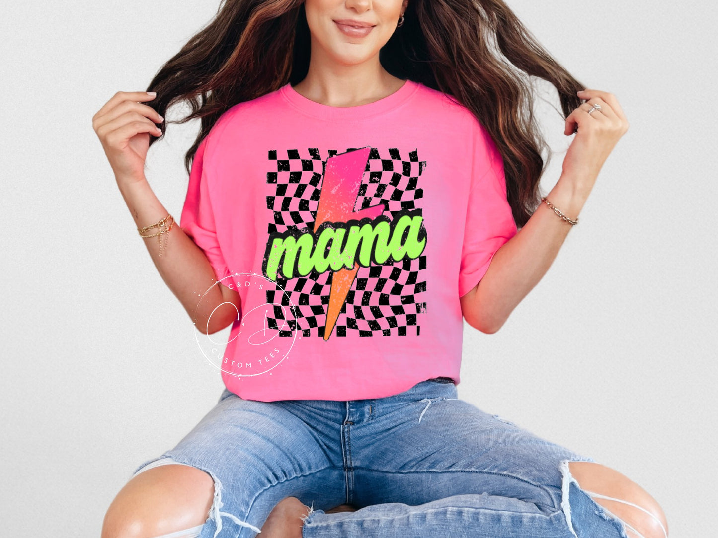 Mama Checkered Bolt Neon Comfort Color Tee