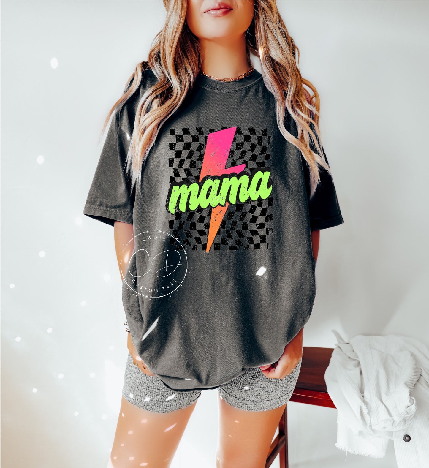 Mama Checkered Bolt Neon Comfort Color Tee