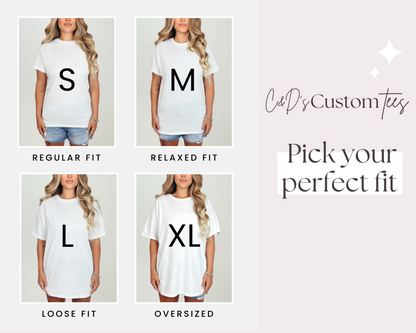 a woman wearing a white t - shirt with the words, pick your perfect fit