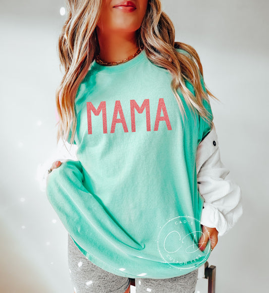 Mama Coral Glitter Comfort Color Tee