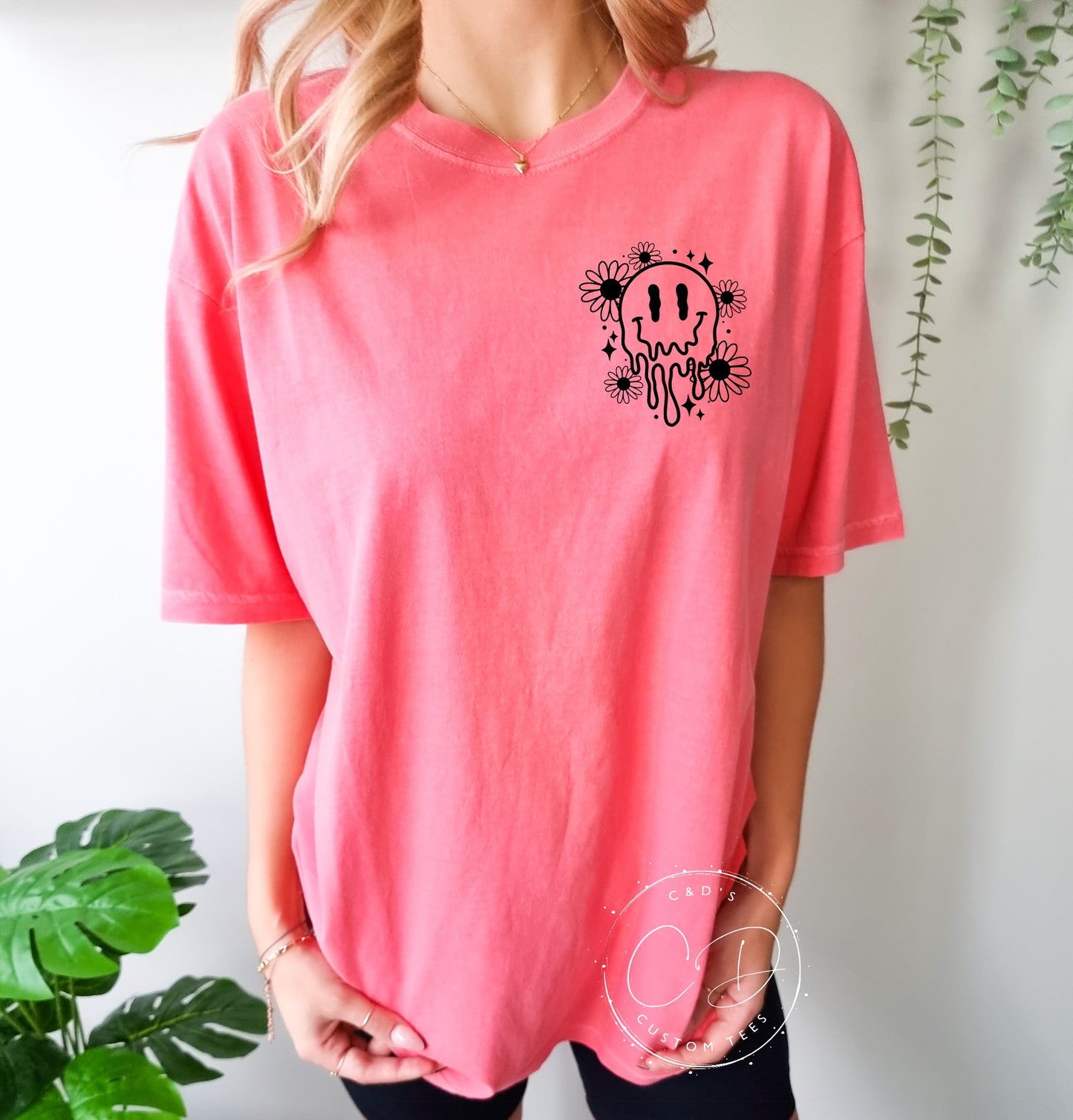 Flower Happy Face Pocket Comfort Color Tee